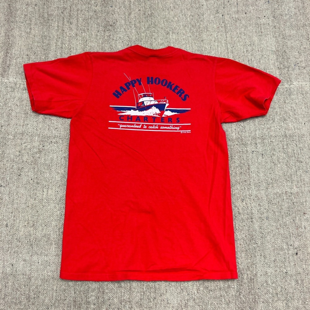 Vintage Happy Hookers Charter Shirt‎ Mens Medium Red 1980s Crazy Shirts